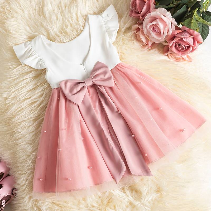 Girl’s Beaded Lace and Bow Dress Color: 3 Pink Kid Size: 24M